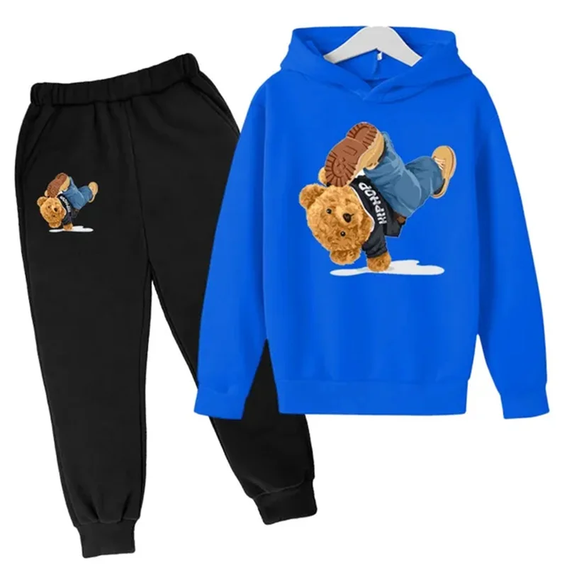 Kids Spring/Autumn/Winter Hoodie+Pants 2pcs Sets 3-14T Children\'s Street Dance Cartoon Bear Print Boys Girls Childre Tracksuits