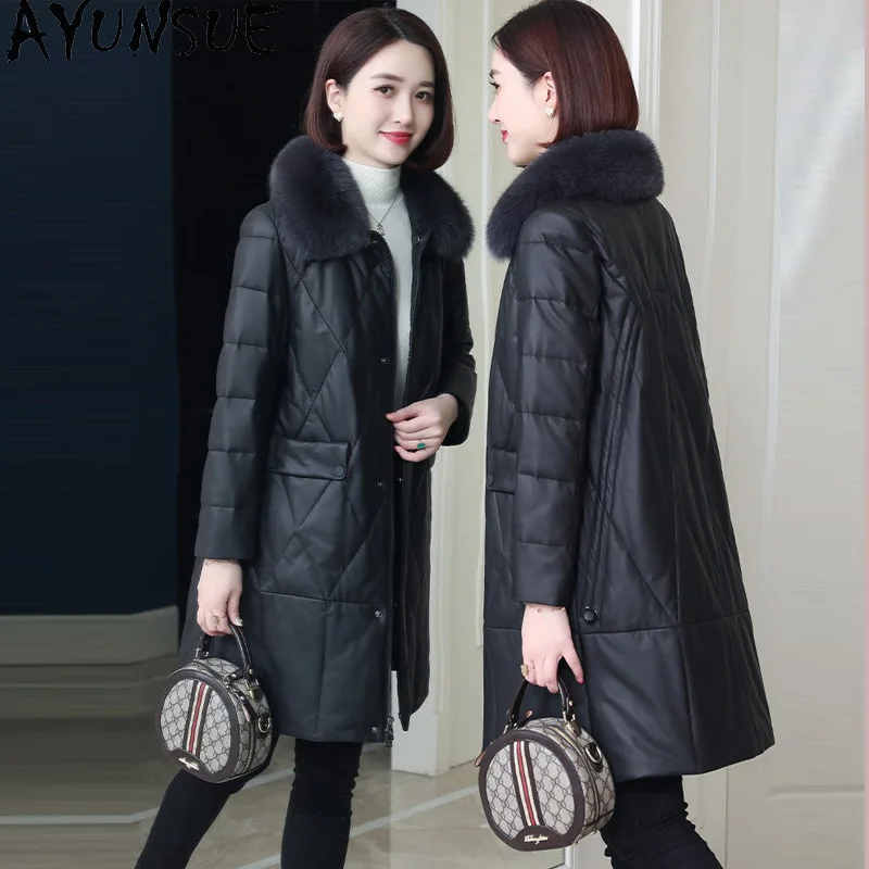 AYUNSUE chaqueta de piel de oveja auténtica para mujer, abrigo de plumón de pato blanco 90%, ropa de invierno para mujer, cuello de piel de zorro, Casaco femenino
