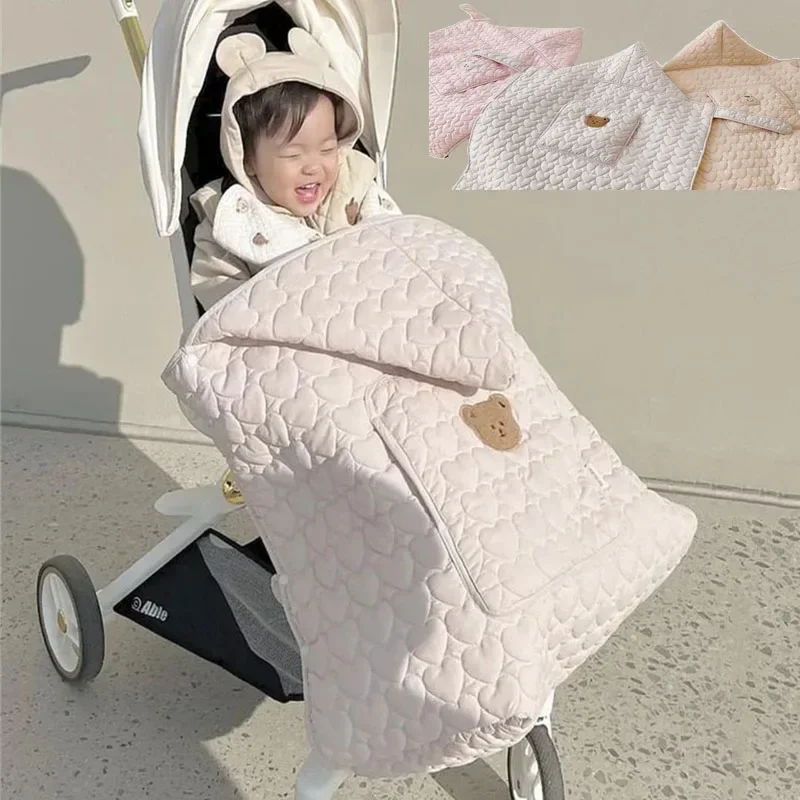 Winter Newborn Swaddle Wrap Hooded Windproof Baby Stroller Blanket Thick Fleece Sling Cover Bear Bunny  Infant Sleeping Quilt