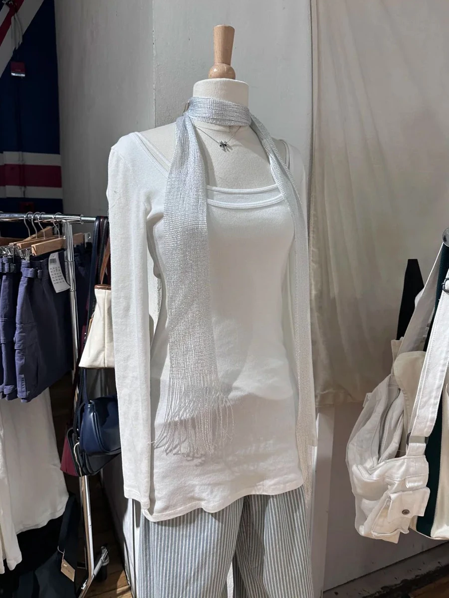 

White Slim Long Sleeve T-shirt Dress Women Spring Scoop Neck Cotton Thin Tee Tops Casual Simple Sweet Basic Tshirts Y2k Tops New