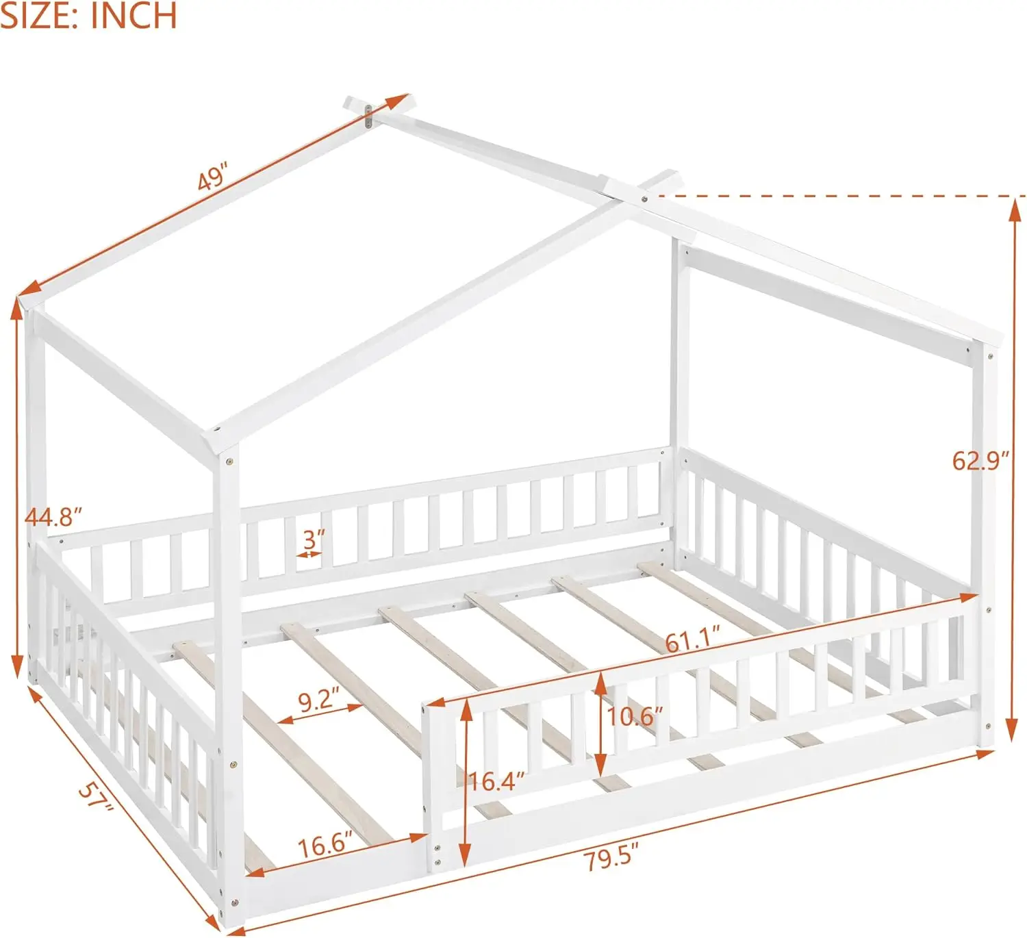 Großes Hausbett aus Holz mit Zaun, Bettrahmen aus Holz mit Dach und Sicherheitsgeländer für Kinder, Jugendliche, Jungen oder Mädchen, 57" L x 62.