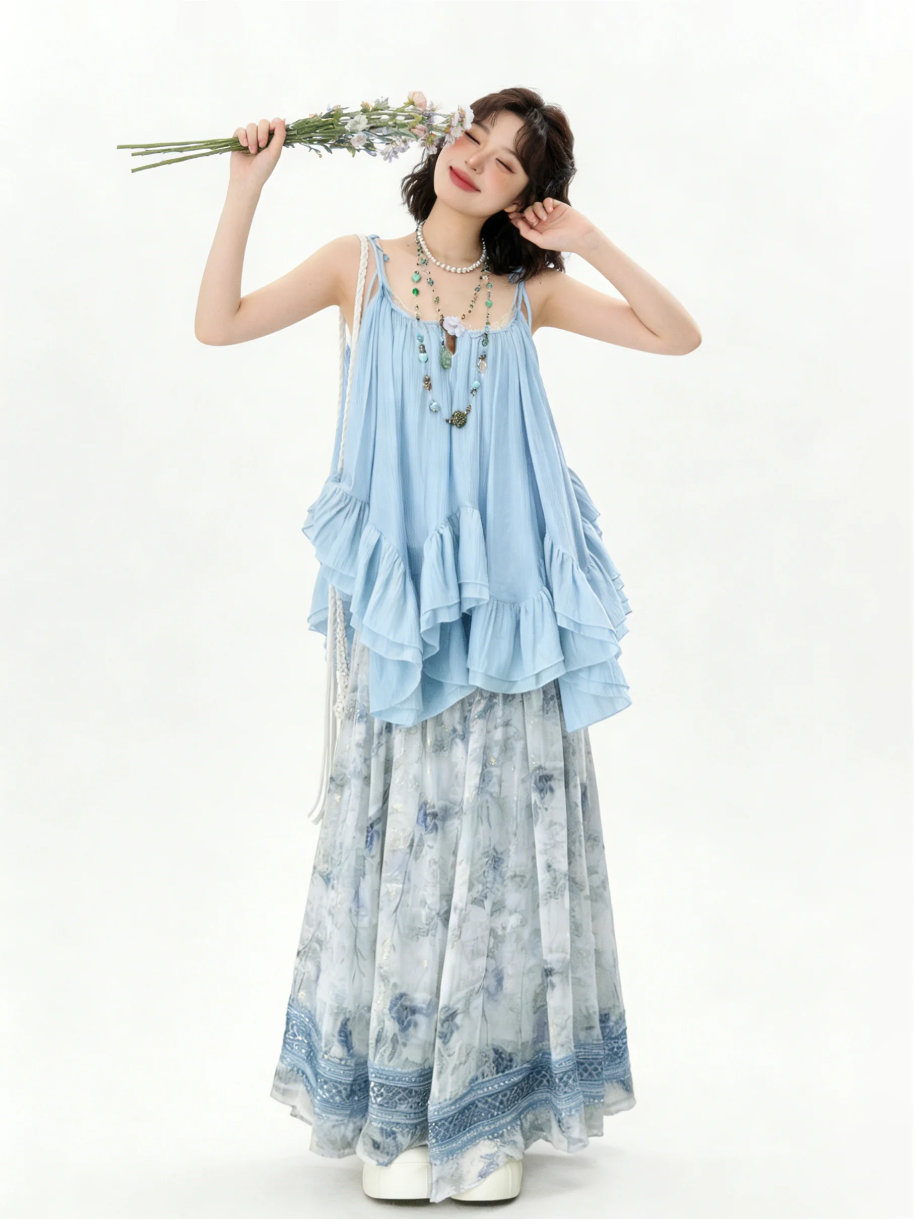 Stunning Summer Beach Vacation Style Blue Lace Trim Halter Dress Set Women's High Waist Skirt Two-Piece Suit Breathable Light... view 3