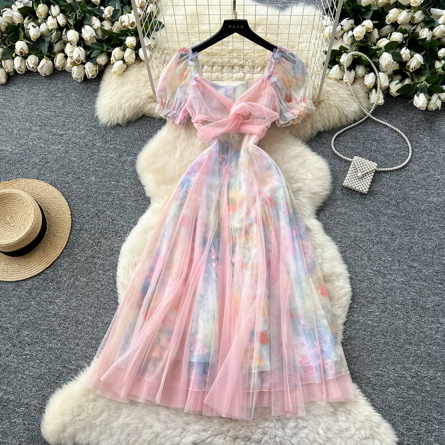 

2025 French Fairycore 3D Butterfly Chic Dress Spaghetti Strap Sleeveless Print Design Summer Fashion Vacation Mesh Long Dress