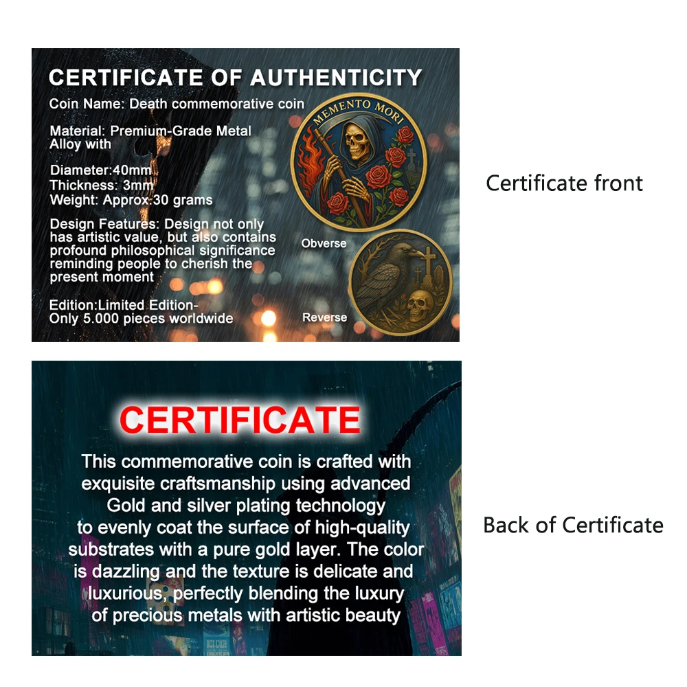 عملة تذكارية لإله الموت معدنية من سبائك الزنك MEMENTO MORI Crow Skull Challenge Coin مع مجموعة الشهادات هدية