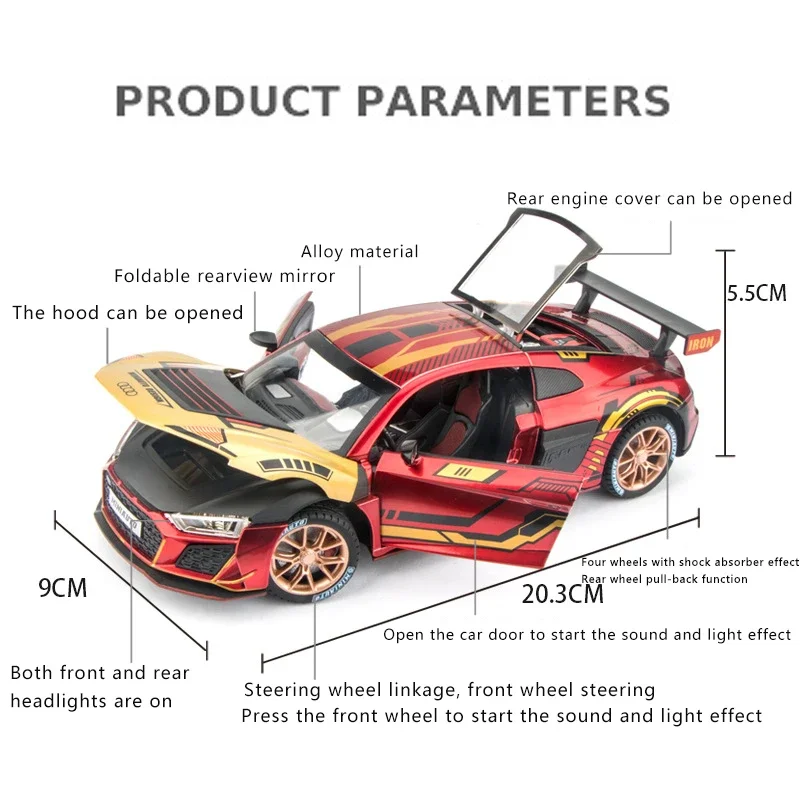 Neue 1:24 Simulation Für Audi R8 Racing Auto Modell Sound Und Licht Zurückziehen Spielzeug Auto Jungen Sammlung Dekoration Geschenk