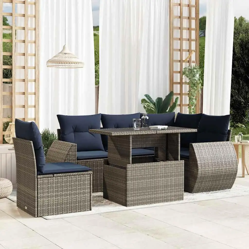 

6 Piece Outdoor Patio Sofa Set with Soft Cushions Gray Rattan Wicker Furniture for Garden and Balcony