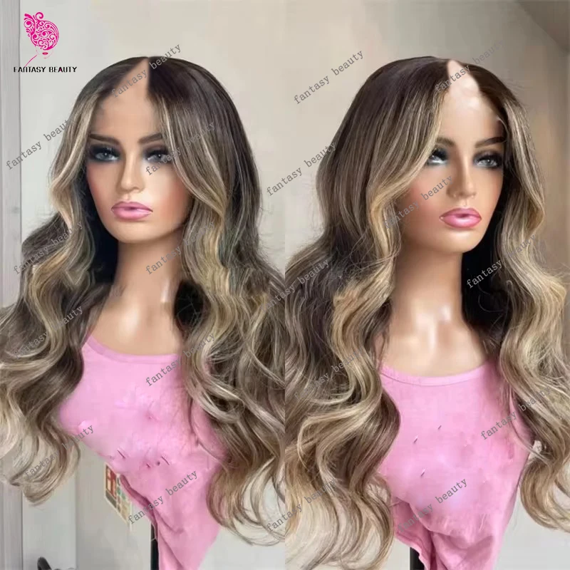 Peluca Larga Ondulada Natural 100% Cabello Humano con Balayage Marrón Rubio Dorado, Sin Pegamento, Tipo U-Part, para Mujeres Negras, Fácil de Usar, con Puntas Completas