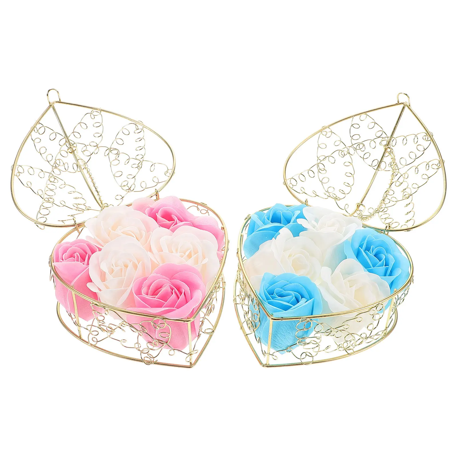 

2Pcs Heart Shape Soap Rose with Basket Floral Scented Bath Soap Decorative Simulated Roses in Metal Wire Stand for Elegant Space