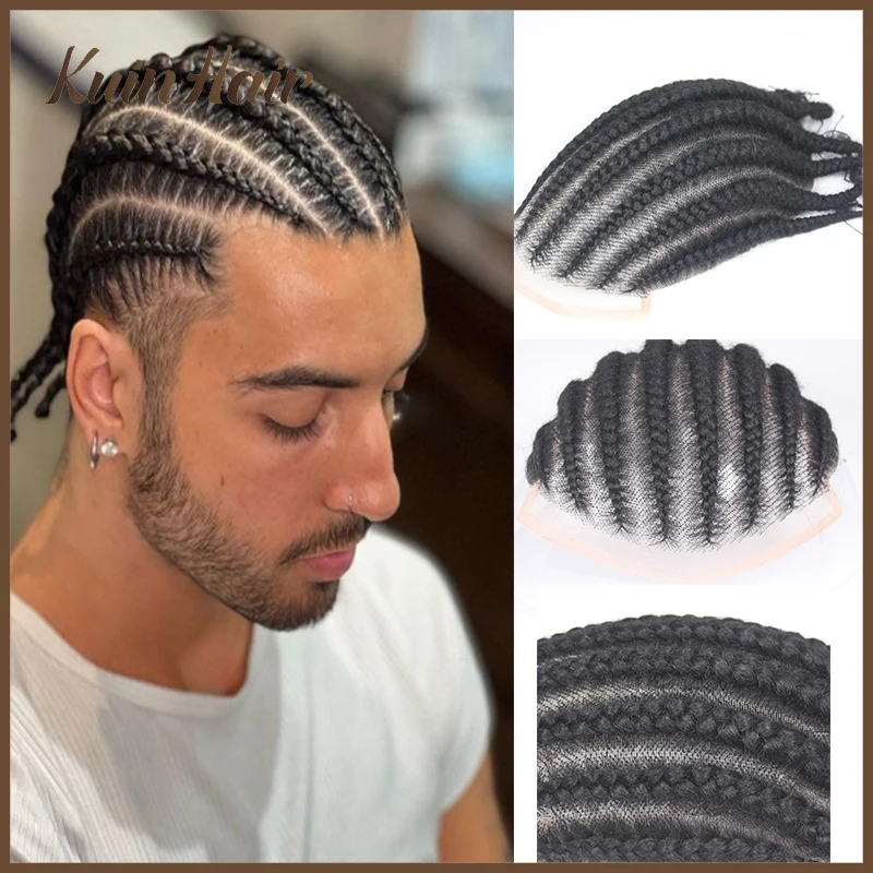 

Afro Curl Cornorw Braids Full Lace Men Toupee Remy Human Hair Systems Male Capillary Prosthesis Men Replacement Units 4 Styles