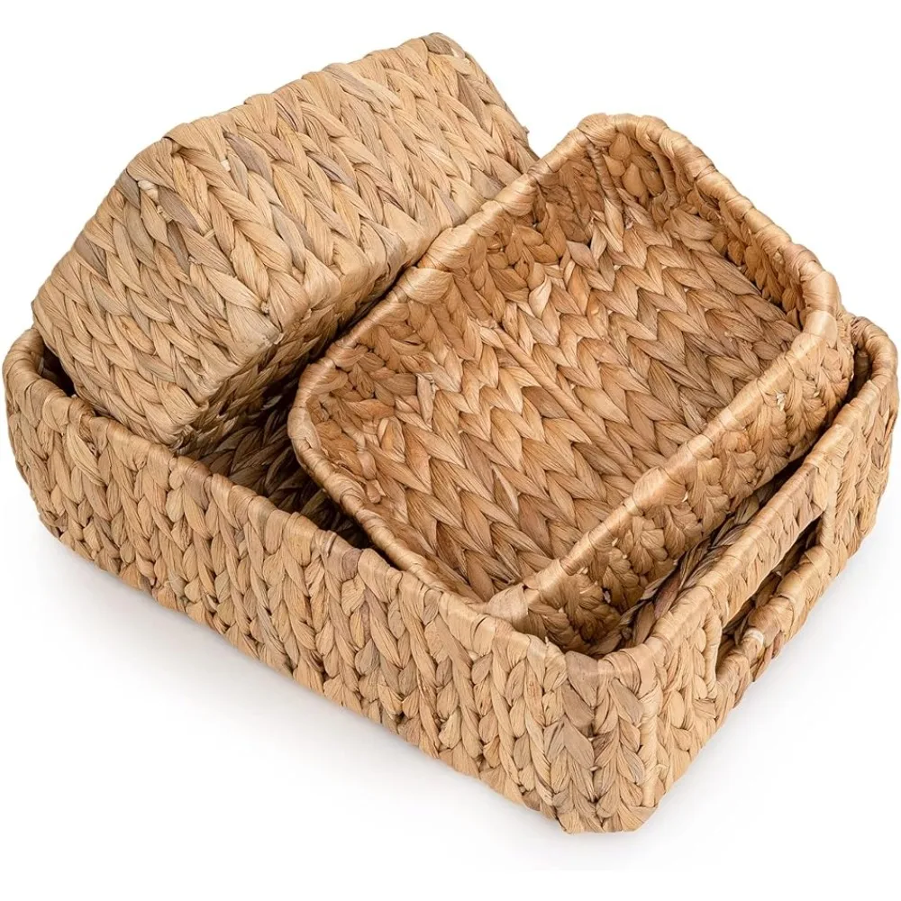 

LiLaCraft Set 3 Natural Storage Baskets Organizing, Wicker Cubby Storage Bins, Water Hyacinth Storage Baskets, Rope Woven Set 3