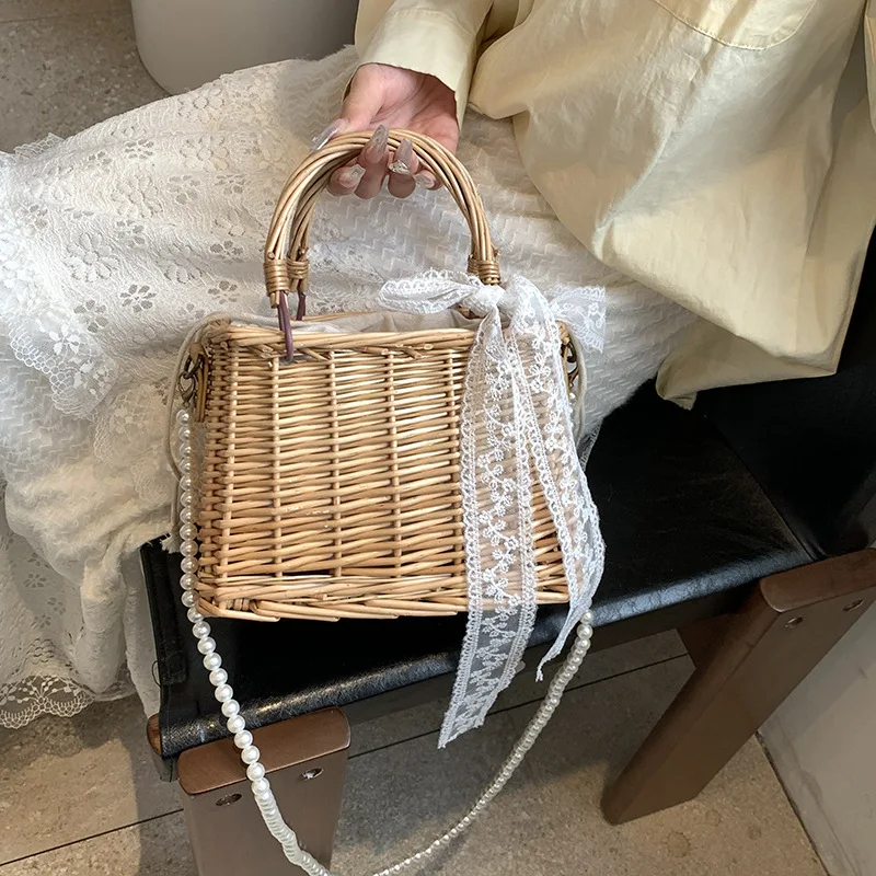 

Rattan Tote Bag Drawstring Wicker Basket Bags Handwoven Rattan Woven Handbag Crossbody Shoulder Bag for Women Travel Vacation