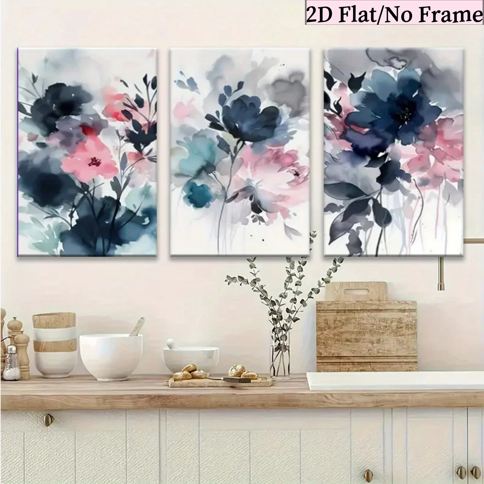 2D Flat, 2D Flat, 3pcs 2D Flat Navy Blue And Pink Canvas Posters, Perfect for Decorating Indoor And Outdoor Walls. Ideal for