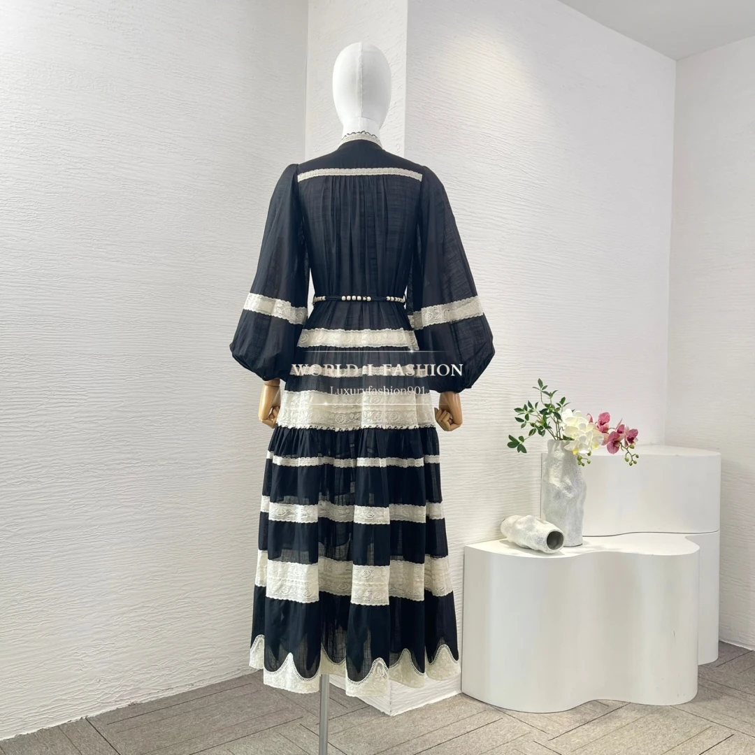 black white long sleeve lace patchwork midi dress