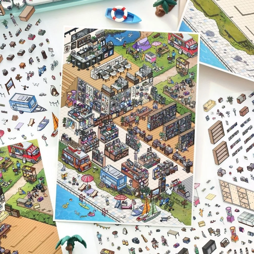 Shop Theme 3D Scene Stickers Large Size PET Die Cut Stacking Stickers Beach Library Supermarket Stationery Stickers