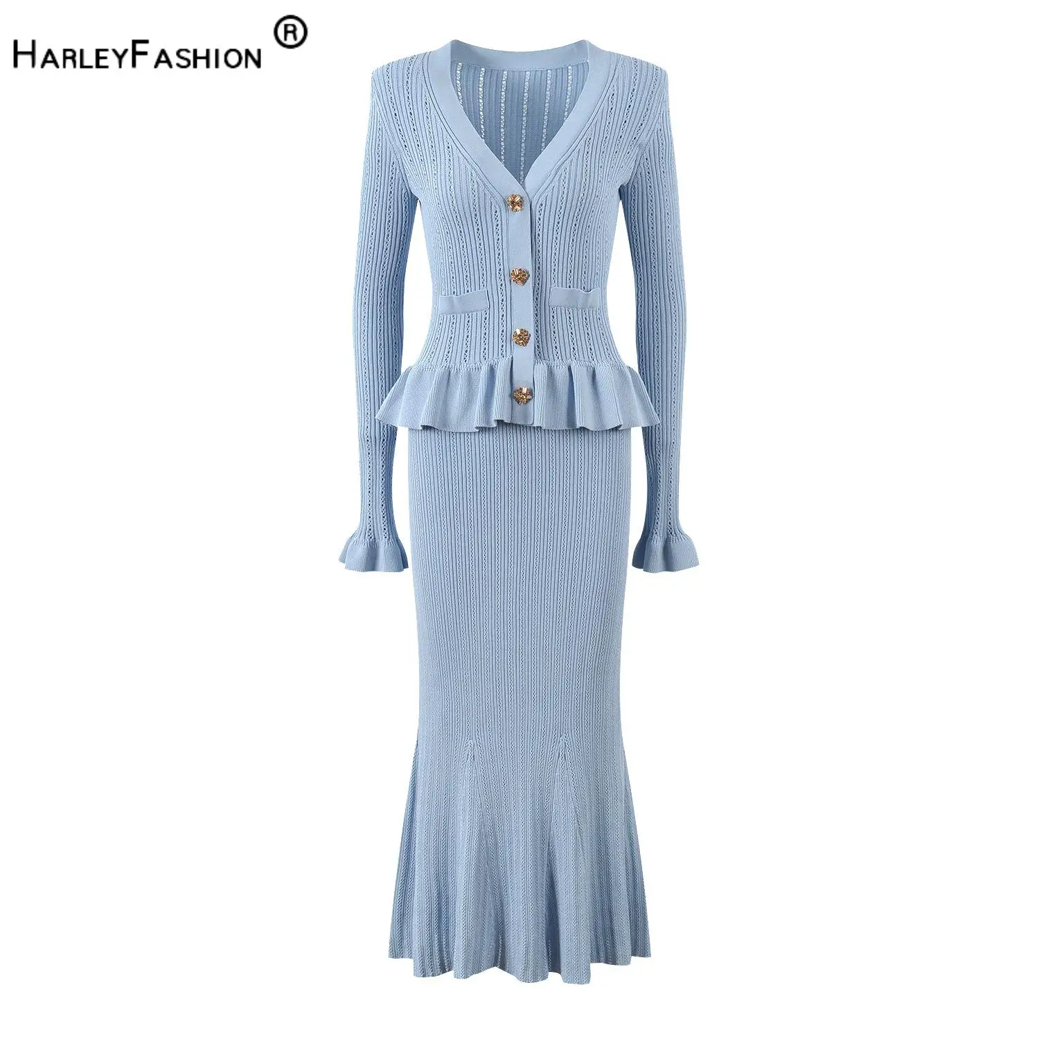 

Fall Autumn Vintage French Style Lady Solid V-neckline Long Sleeve Women Knit Flounce Waist Slim Fitted Flared Hem Maxi Dress
