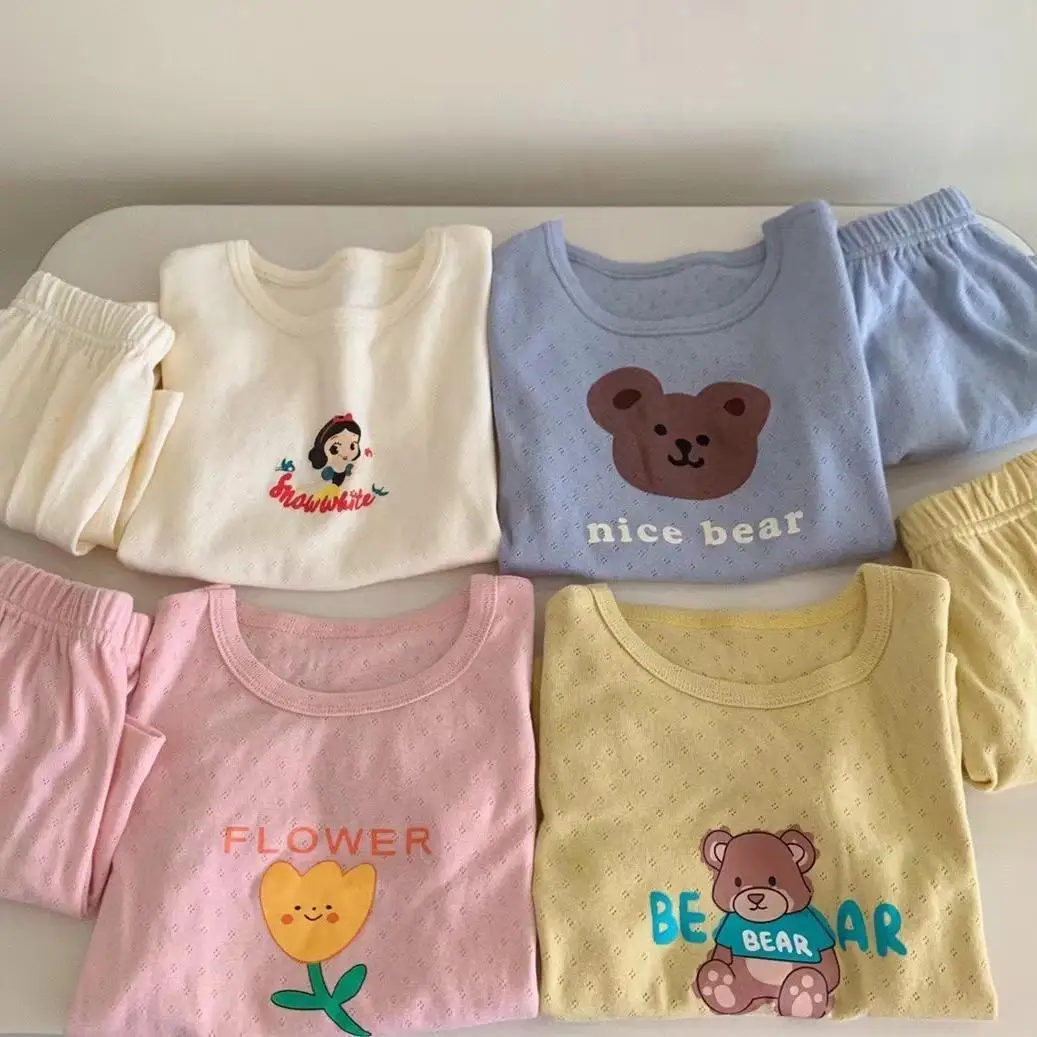 

2026 Summer New Children Short Sleeve Home Clothes Set Boys Girls Cotton Breathable Pajamas 2pcs Suit Kids Cartoon Print Outfits
