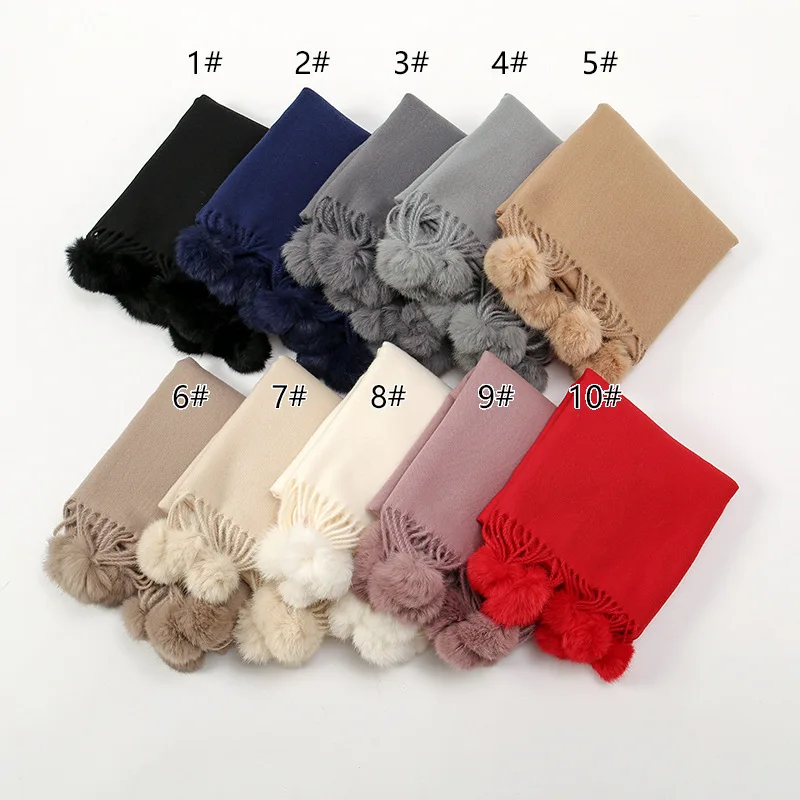 New Winter Warm Imitation Cashmere Scarf Women Luxury Solid Fringed Pompom Shawls Pashmina Thick Scarves Wrap Lady Blanket Hijab