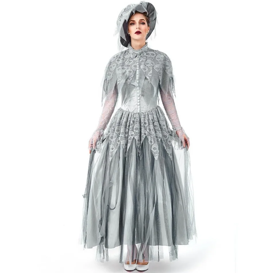 Women Vintage Ghost Bride Costume Skull Lace Long Sleeve Tulle Maxi Dress Victorian Zombie Bride Outfit Halloween Dress PS66