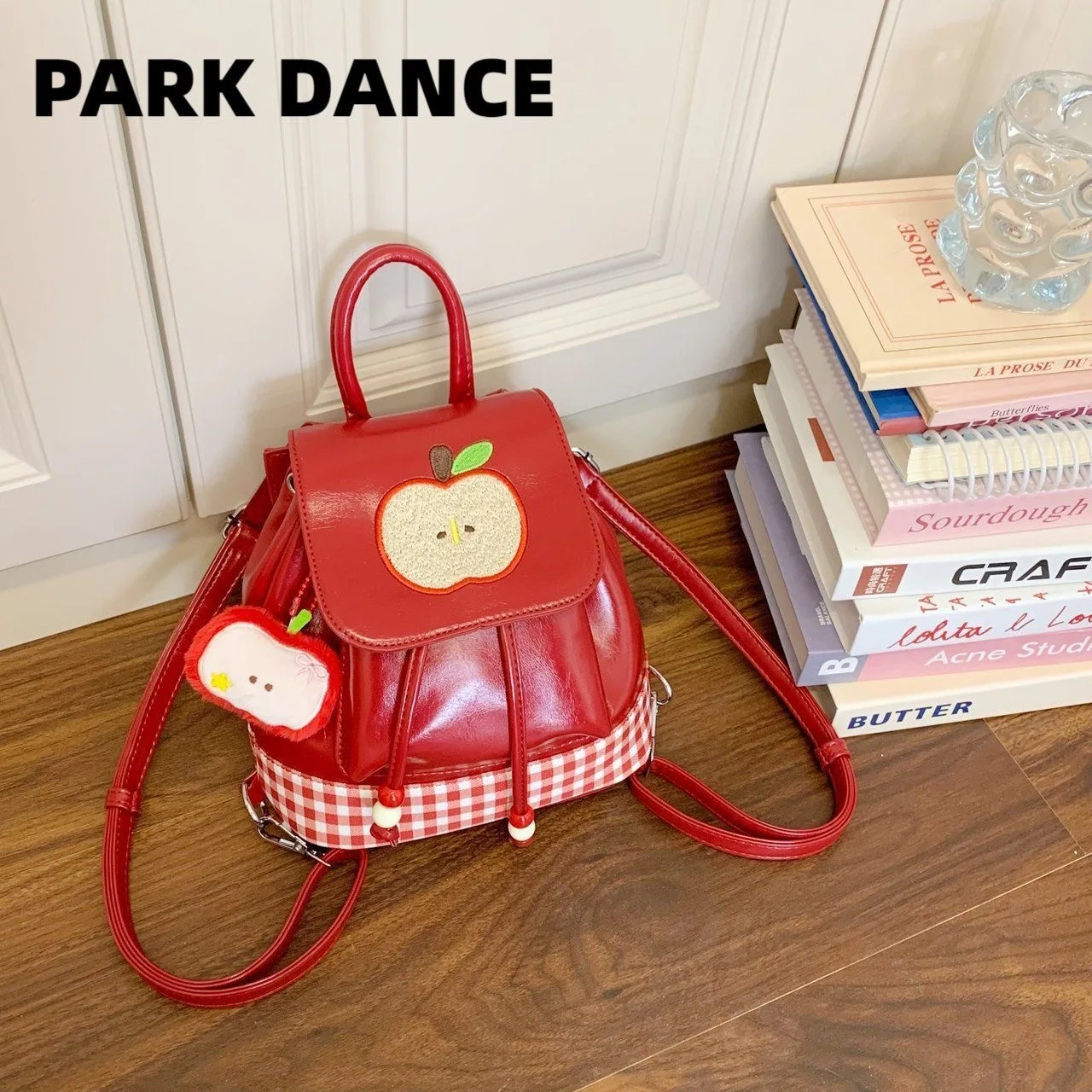 2026 New Girls' Bags Red Plaid Cartoon Apple Embroidered Mini Backpack Lightweight Casual Fashion Travel Backpack Women