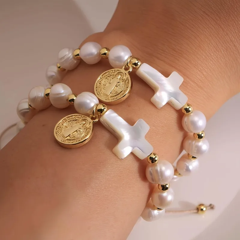 Retro Round Imitation Pearl Cross Bead Jesus Mary Pendant with Adjustable Bracelet for Women To Wear Daily Jewelry Gifts