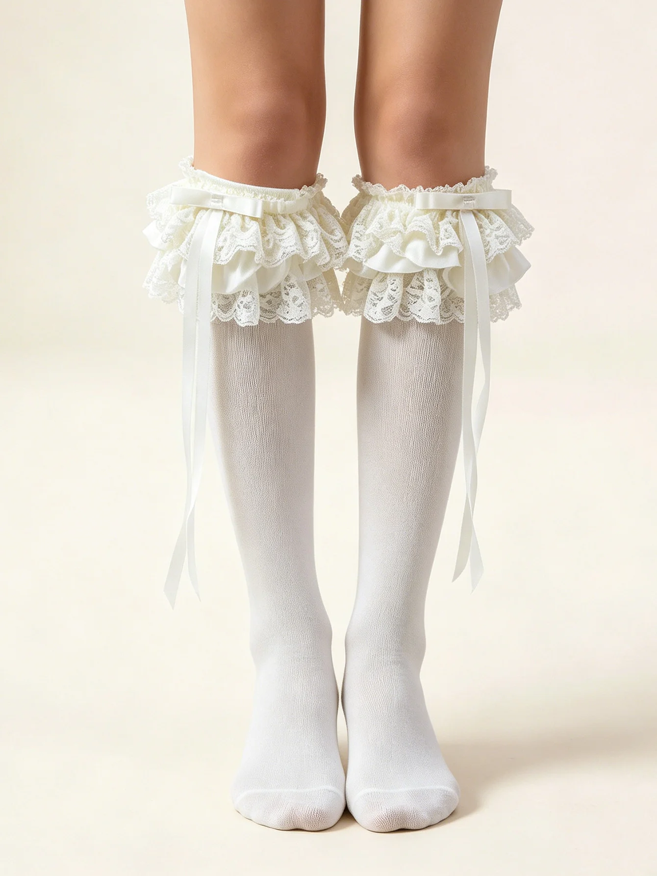 Damen-Socken in Elfenbein mit Spitzenrüschen und Satinschleife, süße Lolita-Strümpfe für Cosplay und Alltag.
