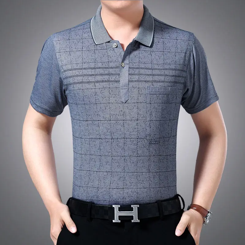 

Middle Aged Men Fashion Casual Polo Shirts Summer New Plaid Striped With Pockets Short Sleeve Male Clothes Breathable Slim Tops