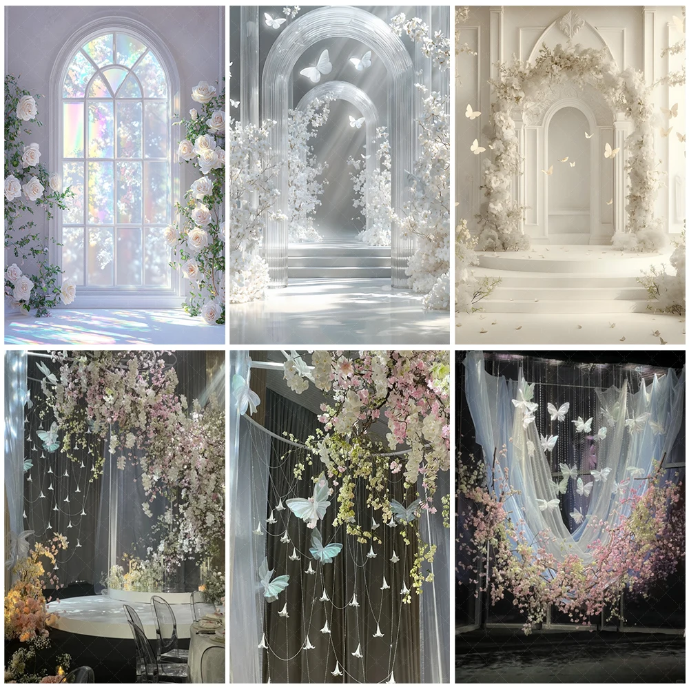 

Vintage Interior White Arch Wedding Portrait Photography Background Flower White Veil Backdrop Engagement Studio Prop DoorBanner