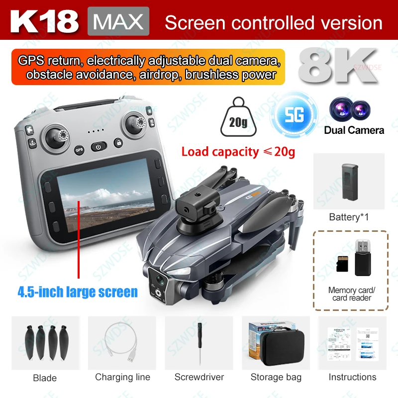 4.5-inch Large Screen K18 MAX GPS Airdrop Drone 360° Laser Obstacle Avoidance Optical Flow Positioning Wind resistant Quadcopter