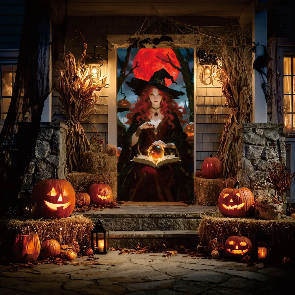 

Halloween Banner 90x180cm Mystical Witch with Glowing Crystal Ball, Horn Headdress Red Moon Fantasy Decor, Party Supplies