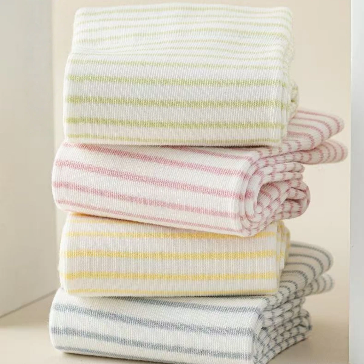 Women’s Crew Socks Spring Summer Pastel Striped Design, Soft Candy Colors, Casual Cute Style, Comfortable, Breathable