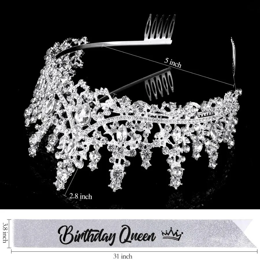 Barocke Strass-Geburtstagsköniginnen-Schärpe mit Krone, Tiara und Stirnband, Geburtstags-Schärpe mit Anstecknadel, Happy Birthday Party Dekoration – Detail 30