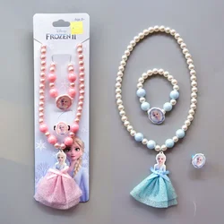 Disney Kawaii Necklace Bracelet Ring Set Elsa Anna Frozen Necklace Bracelet Anime Accessories Jewelry for Girl Kid Birthday Gift