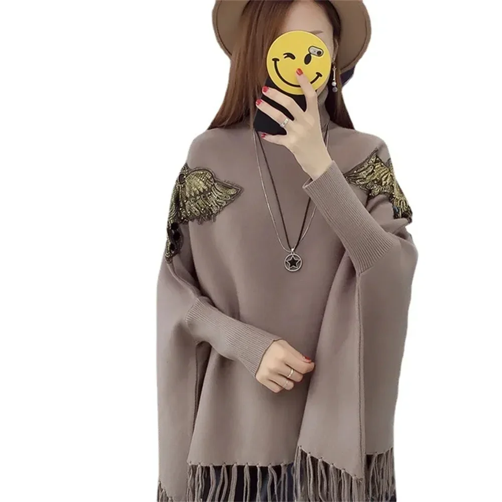 4 Colors Winter Knitted Women Eagle Appliqued Knitted Loose Sweater Long Batwing Sleeves High Neck Tassel Poncho Streetwear