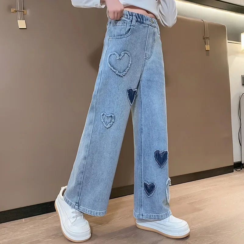 Jeans for Girls Fashion Loose Autumn 2024 Teen Kids Wide Leg Pants Casual All-match 13 14 15 Years Children Straight Trousers