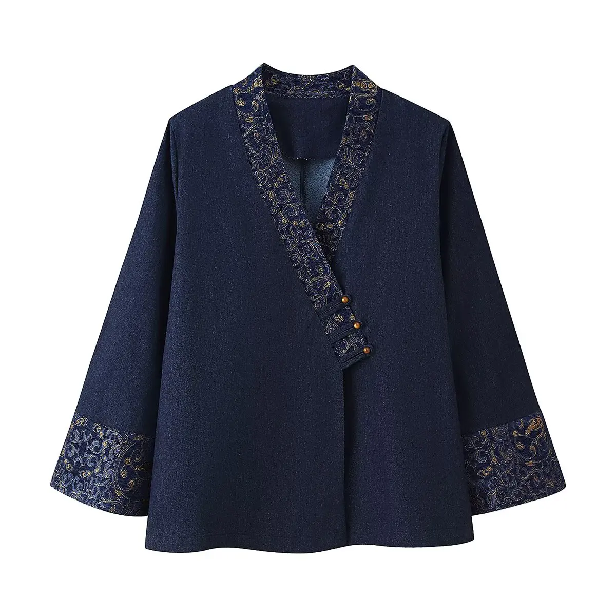 

Tidalyf 2025 Women Jacquard Denim Effect Kimono Jacket Loose Fit Long Sleeve Beaded Button Casual Boho Chic Autumn Outfit