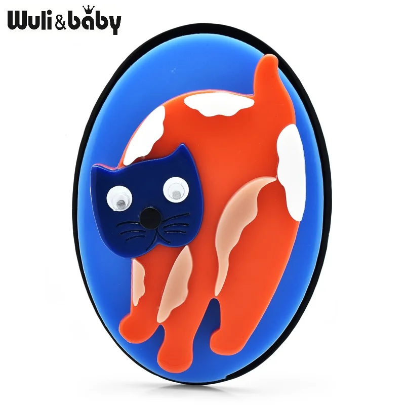 Wuli&baby New Design Movable Cat Acrylic Brooches Pins For Women Unisex Round Pets Animal Badge Brooch Gifts