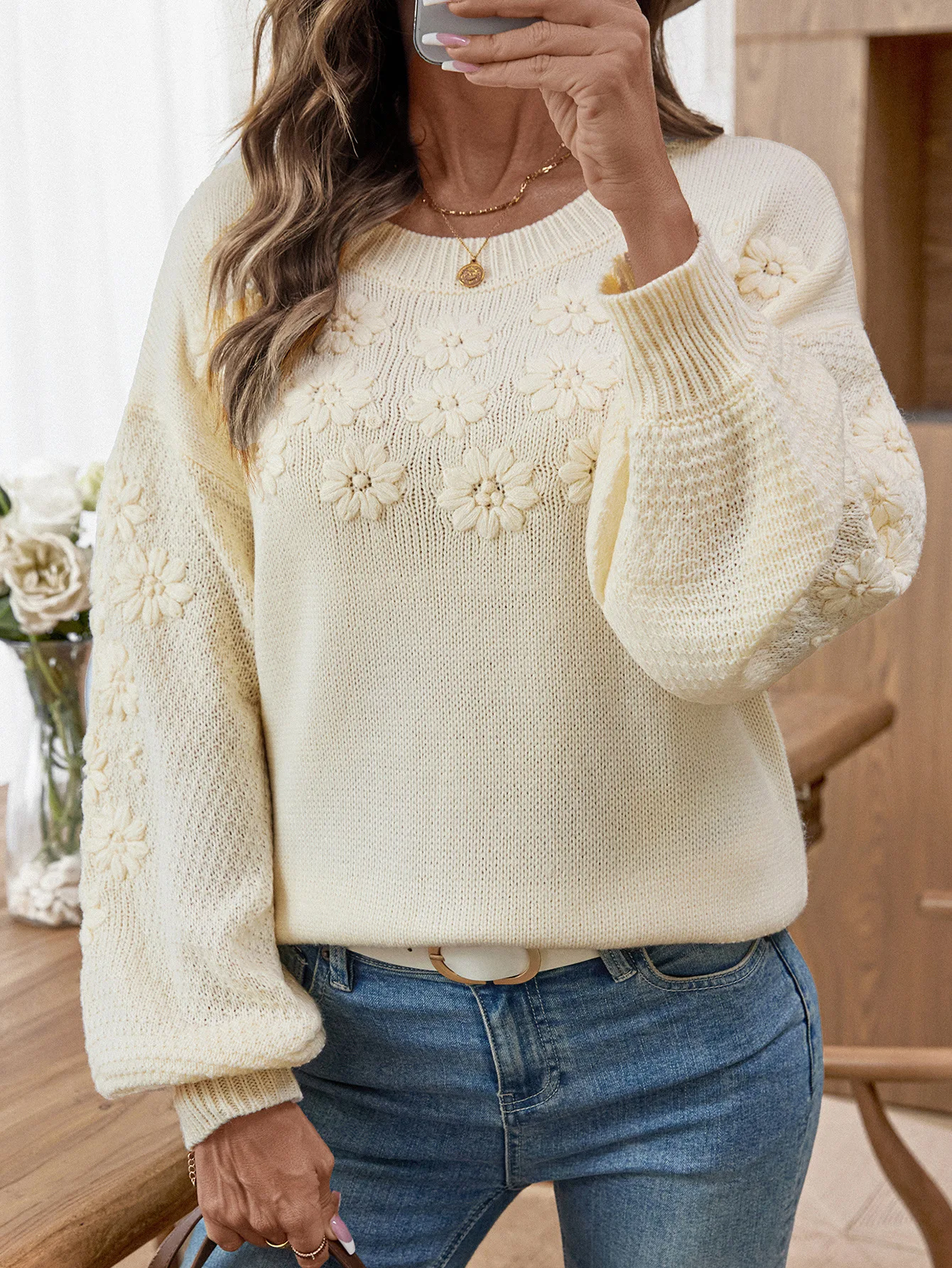 

New Arrival 3D Floral Sweater, Women‘s Heavy Daisy Embroidery Knit, Loose Fit Casual Pullover, Autumn Winter Wardrobe Update