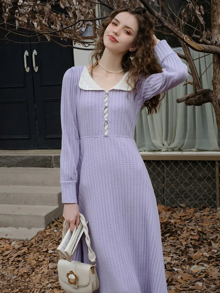 AIGYPTOS  Fall Winter Dress For Women Vintage Elegant Slim Sexy Lace V-Neck Knitted Dress Lantern Sleeve Purple Long Dress robe