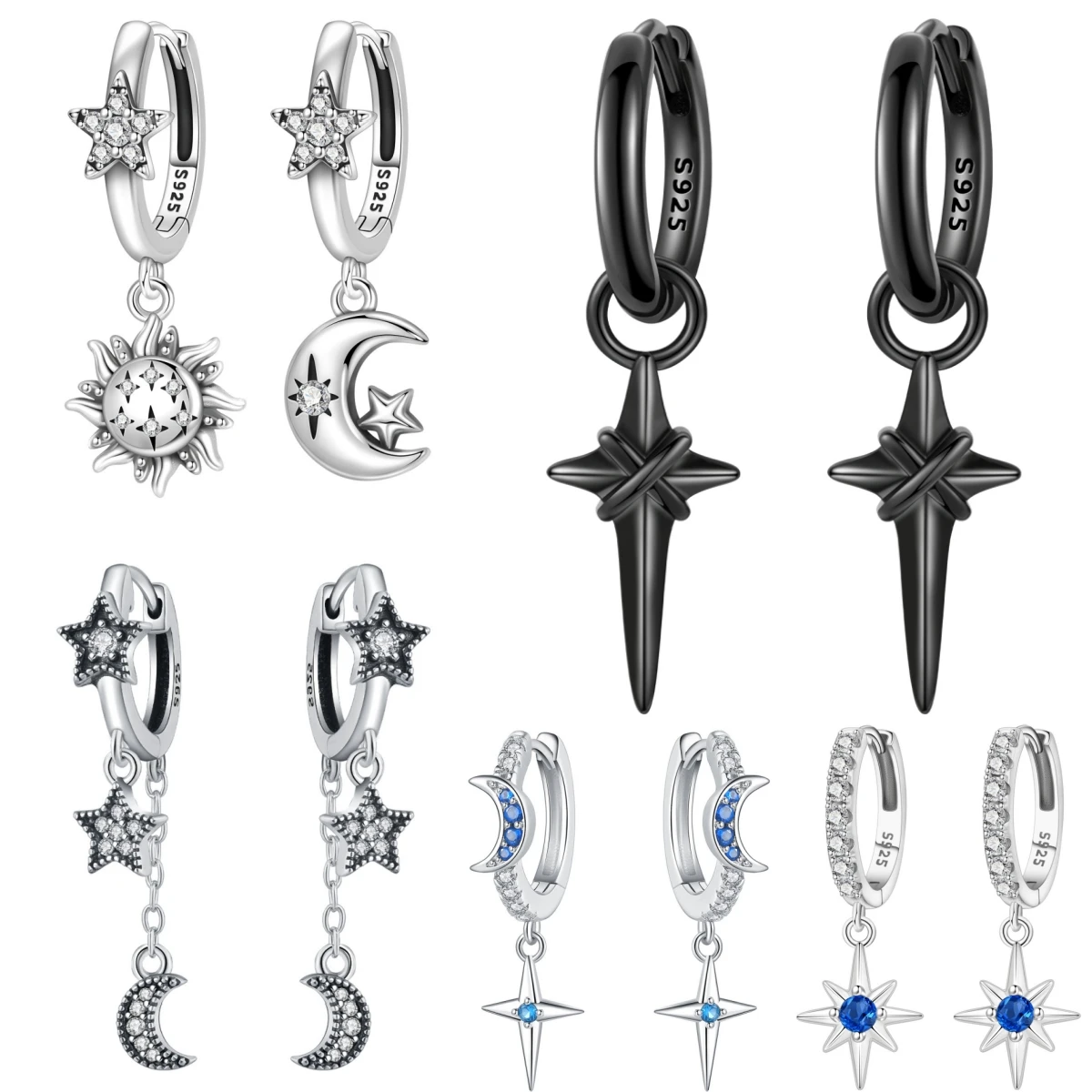 PANPOKI S925 Sterling Silver Y2K Style Dark Cross Star Earrings Hoop Earrings For Women Jewelry Original Party Trendy Gifts