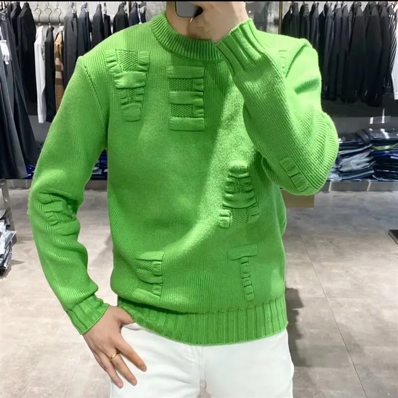 Men's Clothing Letter Crewneck Knit Sweater Male Round Collar Green Pullovers Korean Fashion Sheap Jumpers Loose Fit Sweat-shirt