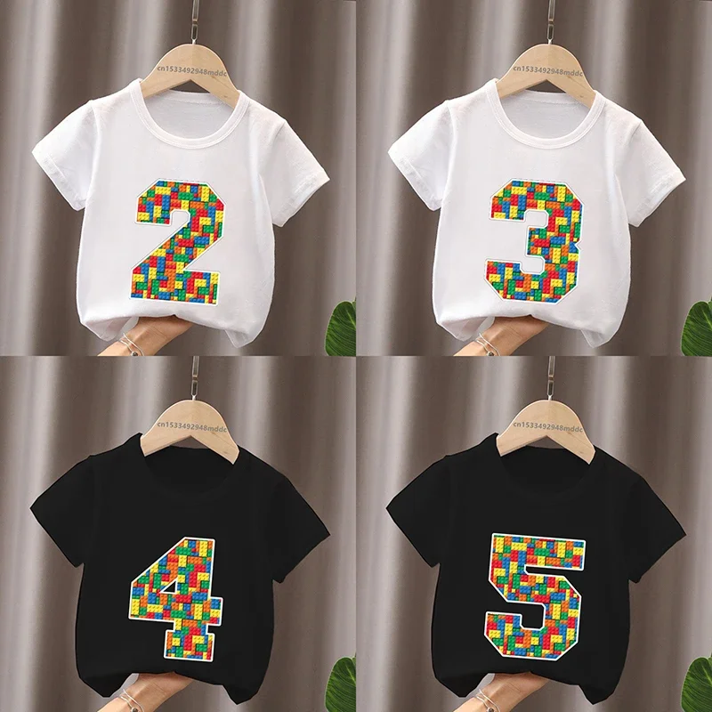 Cartoon Building Blocks Bricks Print Kids T-Shirt Number Tees for Boys And Girls Funny Birthday Baby Top 2-9 Years