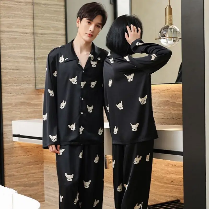 Pajamas Set Woman Spring and Autumn Couples Pajamas Long-sleeved Ladies Little Puppy Chiffon Men Can Be Worn Outside Sleepwear