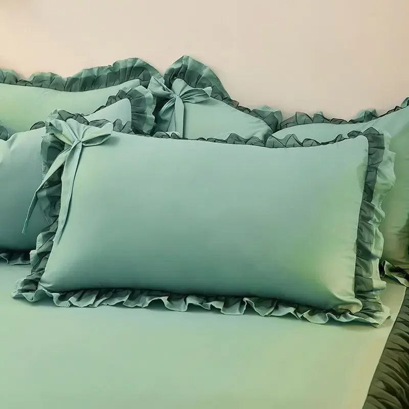 

Korean version of Xiaoqing's new lace lace pillowcase with bow princess style solid color ruffled edge pillowcase 48X74cm