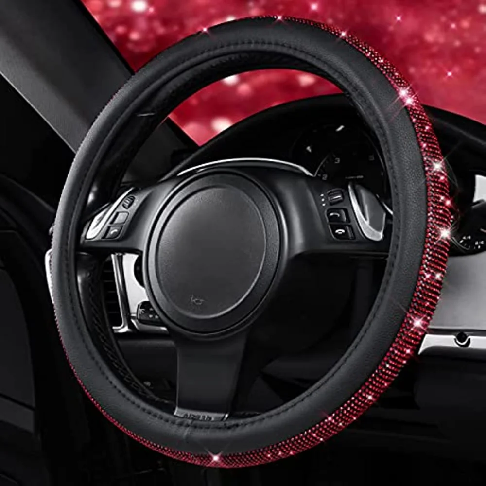 38cm CAR PASS Red Diamond Black Leather Steering Wheel Cover With Bling Crystal Rhinestones Universal