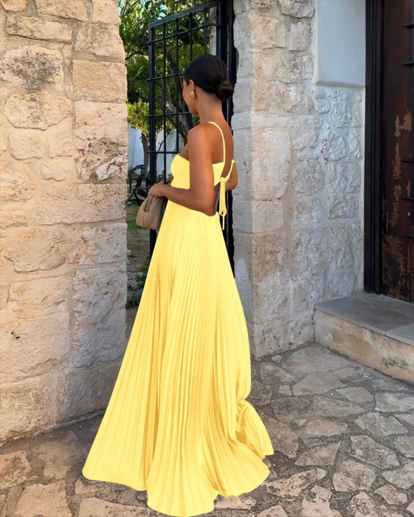 Blue Pleated Halter Long Dress Women's Solid Sleeveless Backless Lace-up Maxi Dress Summer Beach Vacation Evening Party Vestidos
