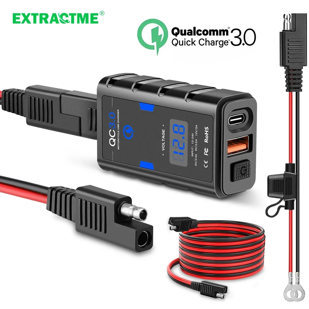 Extractme 6.8A QC3.0 Motorcycle USB Charger Waterproof 12V Power Supply Adapter with Switch Voltmeter Socket Moto Phone Charger