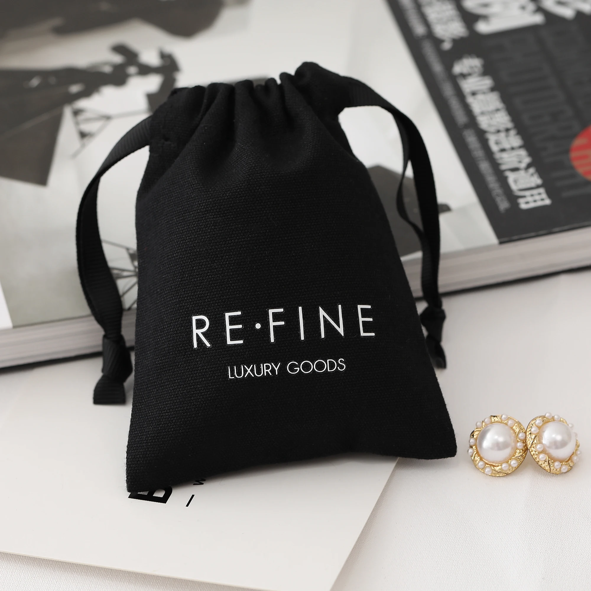 Custom Logo High Quality Black Cotton Jewelry Pouch Canvas Jewelry Gift Bag With Drawstring Pouch Bag