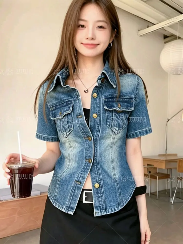 French retro Polo collar short-sleeved denim jacket women's summer 2026 fashion loose single-breasted temperament top