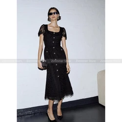 French lady temperament gentle short-sleeved lapel slim dress single-breasted hollow straight long dress