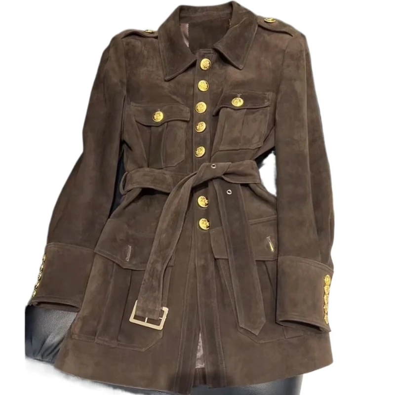 

Премиальное пальто кофейного цвета со шнуровкой на талии, женское осеннее новое однобортное пальто в стиле ретро, топ, высокий уровень внешнего вида